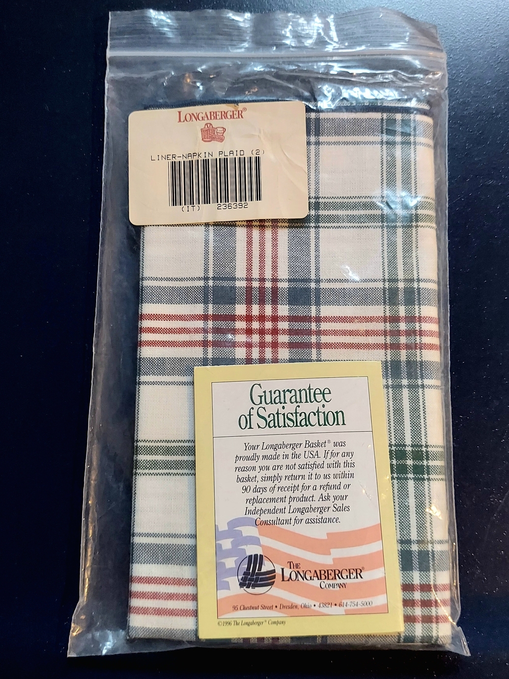 NEW Vintage Longaberger Set of 2 Liners in Plaid for baskets (236392) 17x17 in.